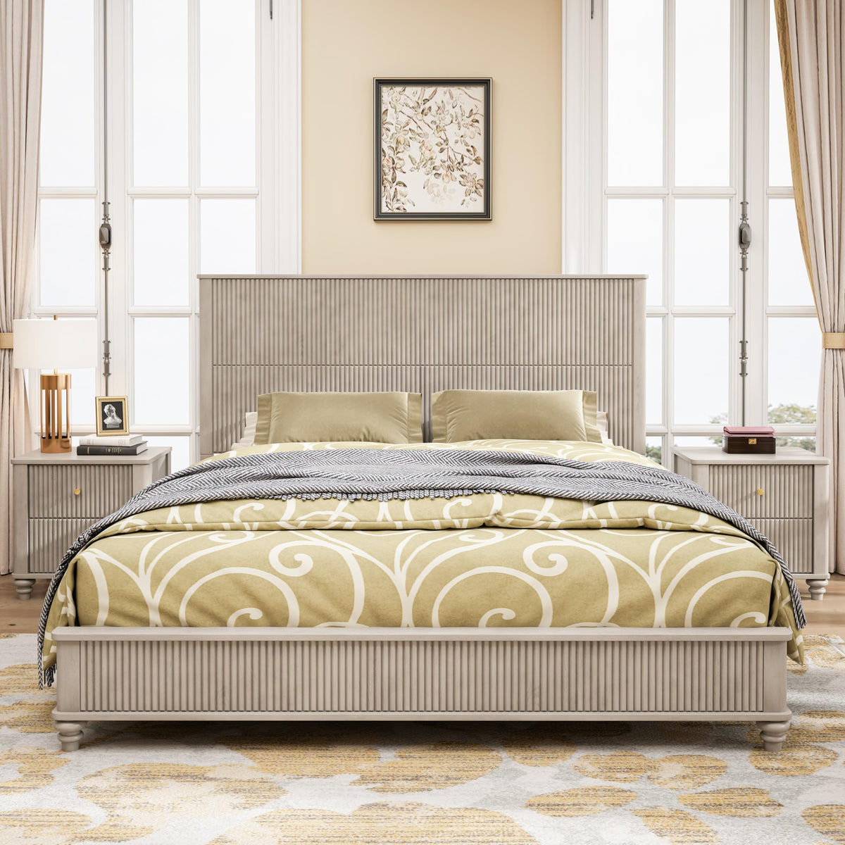 53.94" Tall Headboard Solid Wood Bed Frame, Low Profile Farmhouse Platform Bed with Wooden Slats, No Box Spring
