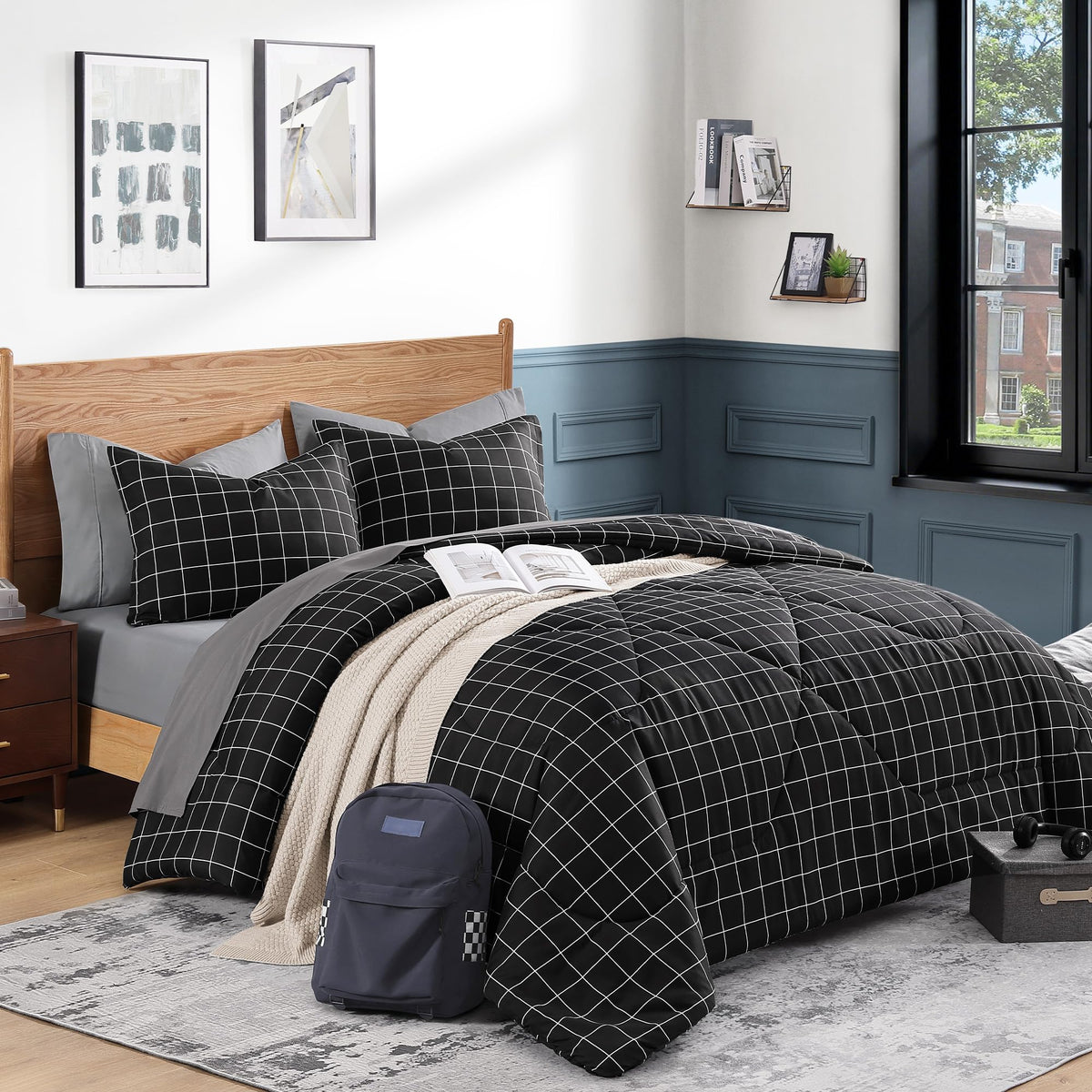 Black Grid Comforter Set, 2 Pieces Gingham Bedding Set