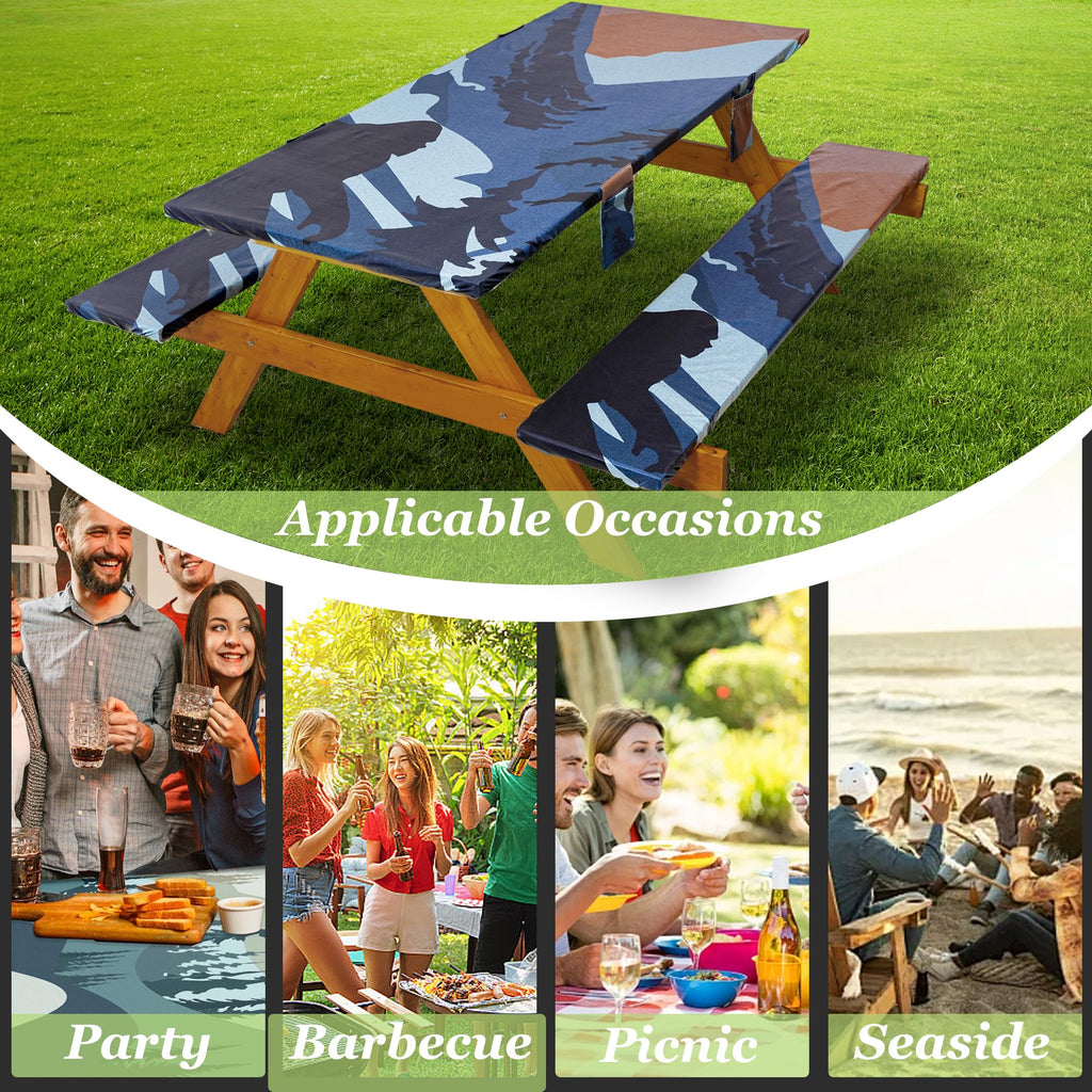 Fitted Picnic Table Cover with Bench Covers Waterproof Elastic Edges Rectangle Patio Tablecloth Outdoor Camping