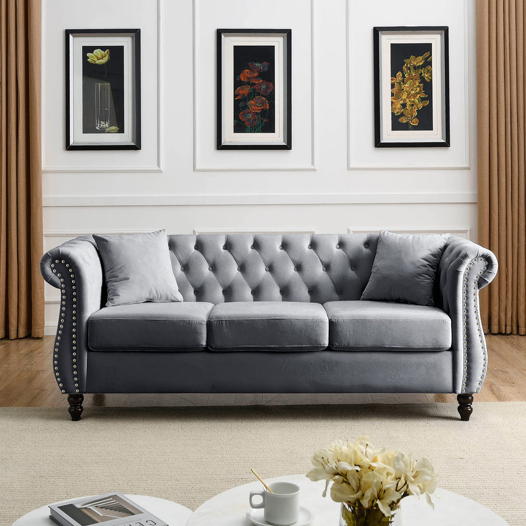 Chesterfield Sofa, Retro Style Upholstered 3+3 Seats Couch with Rolled Arm Bedroom Office, Grey