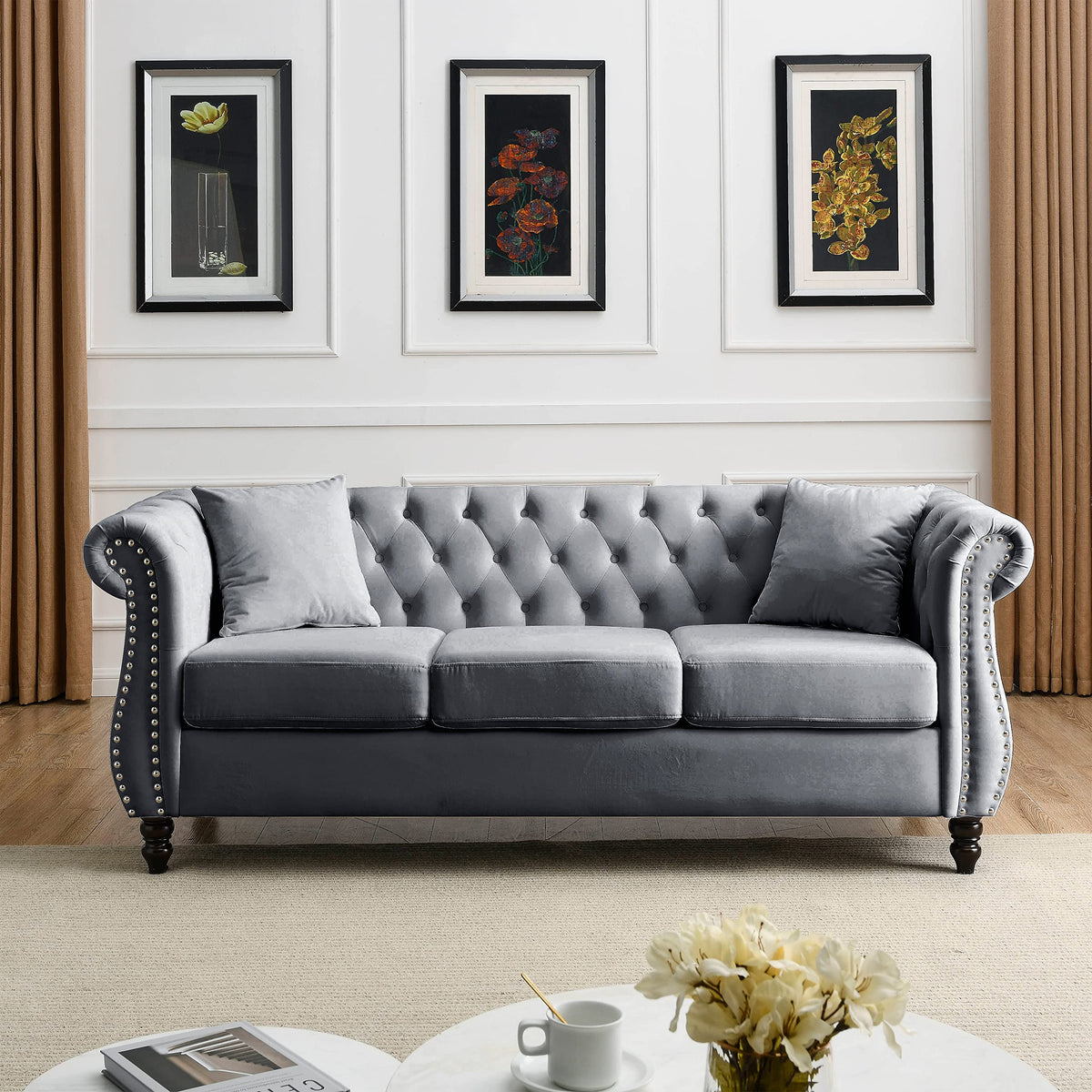 Chesterfield Sofa, Retro Style Upholstered 3+3 Seats Couch with Rolled Arm Bedroom Office, Grey