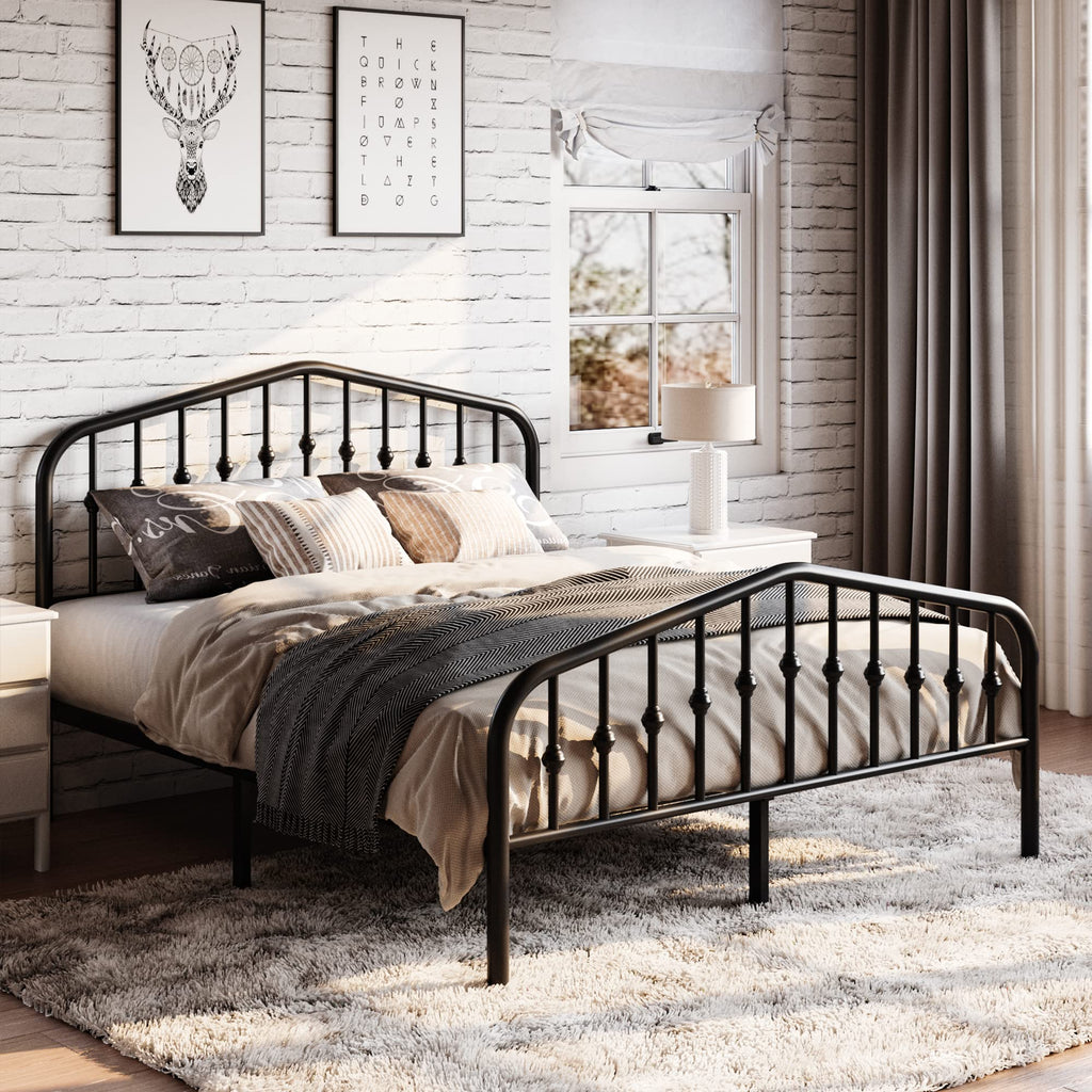 Metal Bed Frame with Wrought Iron-Art Headboard, Black