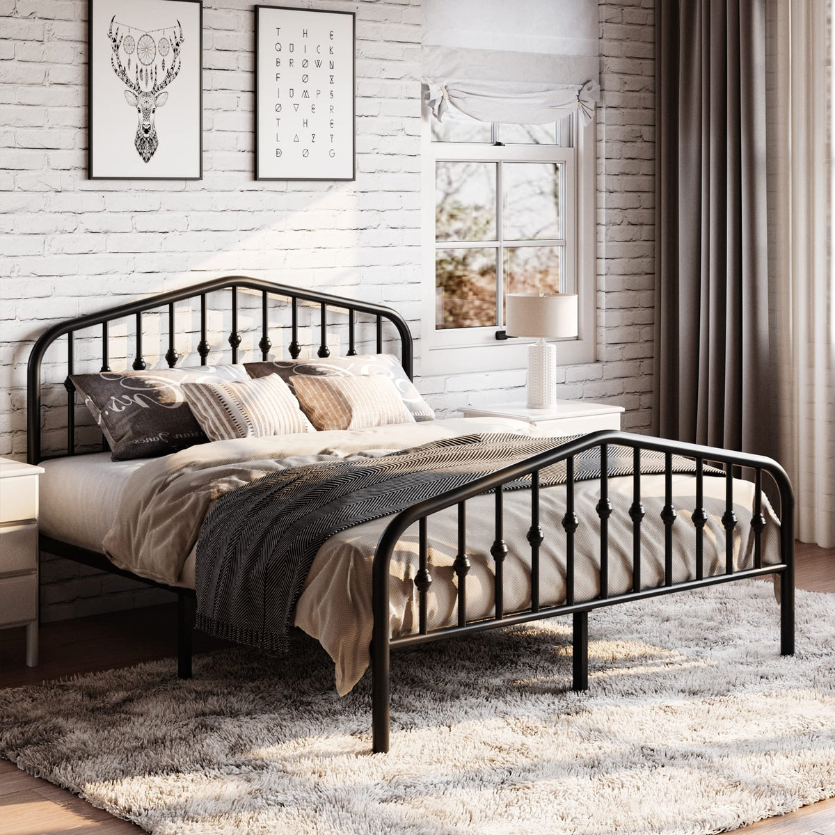 Metal Bed Frame with Wrought Iron-Art Headboard, Black