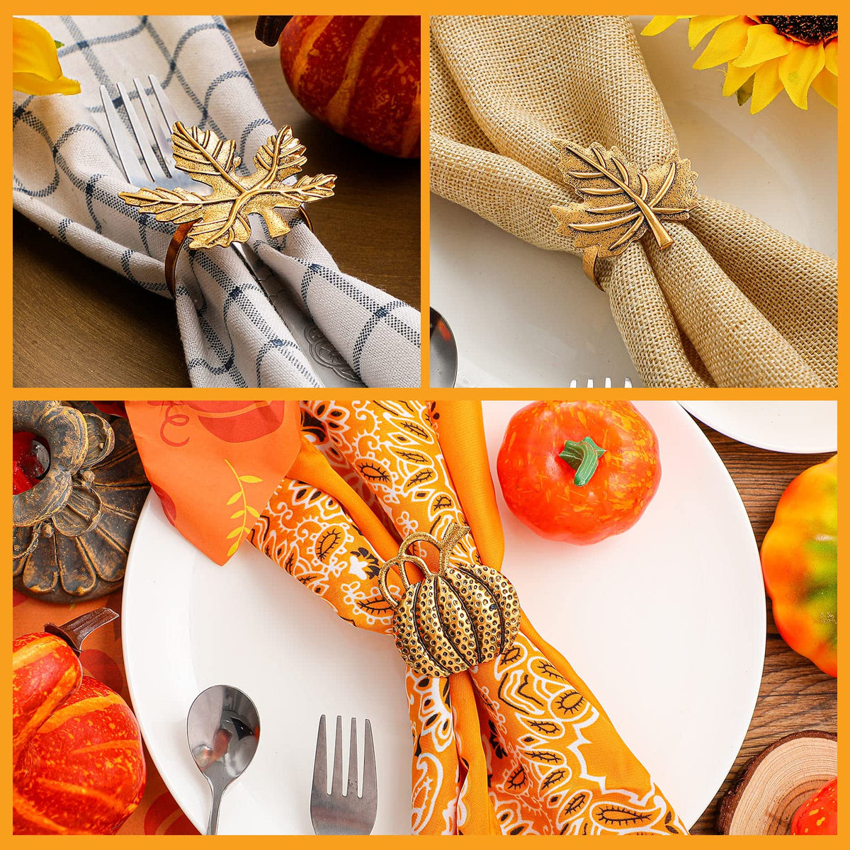 12 Pcs Thanksgiving Napkin Rings Set Fall Pumpkin Leaf Holders