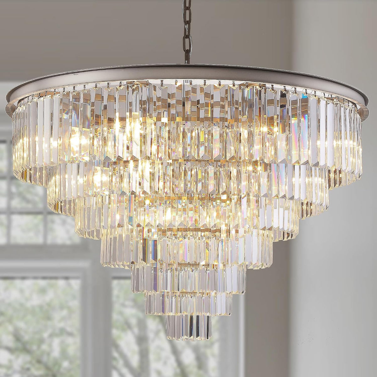 Nickel 7-Tier Modern Crystal Chandelier, Grand Cascading Fixture for Entries