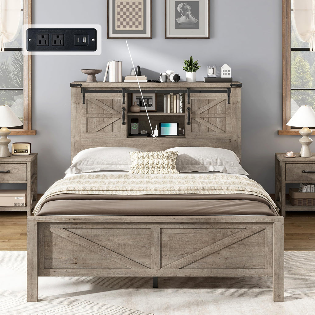 Farmhouse Slat Bed Frame with Storage Headboard