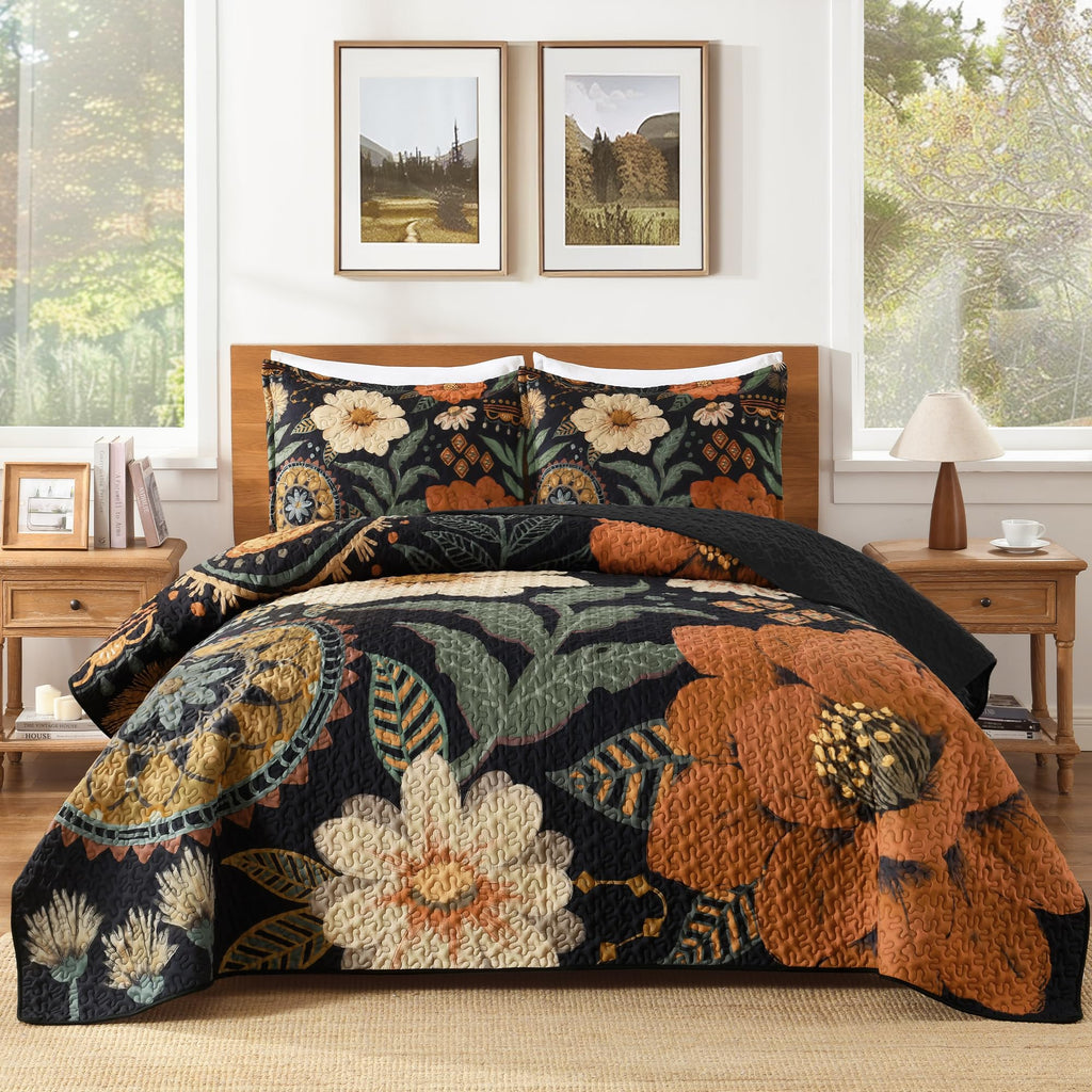 Quilt Queen Size, Black Floral Boho Summer Bedspread 3 Pieces