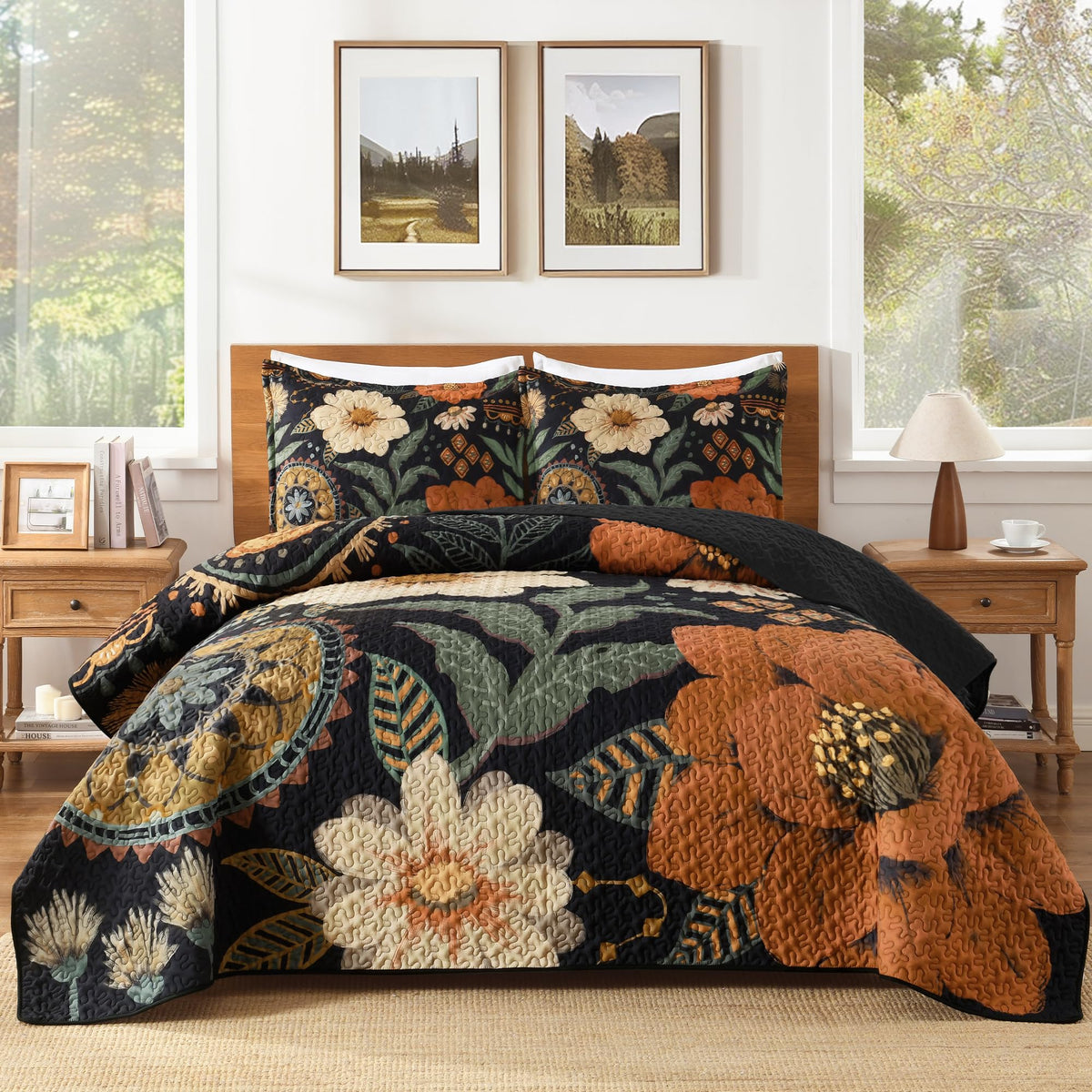 Quilt Queen Size, Black Floral Boho Summer Bedspread 3 Pieces