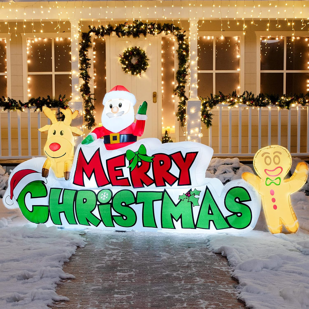 9.5 FT Christmas Inflatable Merry Christmas Sign with Santa, Reindeer & Gingerbread Man - Built-in LEDs, Outdoor Yard