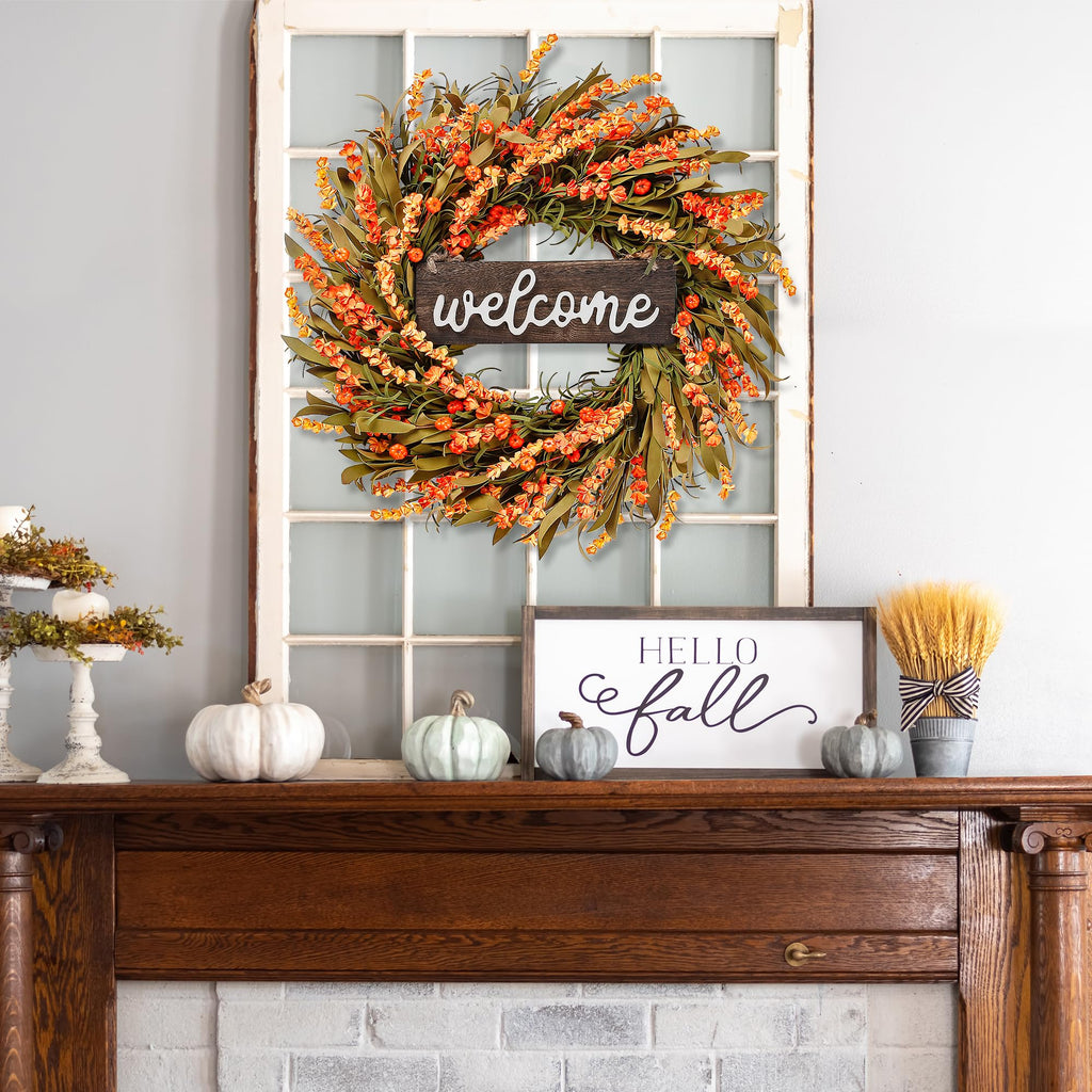 Artificial Fall Wreath - 22'' Autumn Front Door Wreath with Harvest Foam Leaves, Small Pumpkins for Outside, Indoor