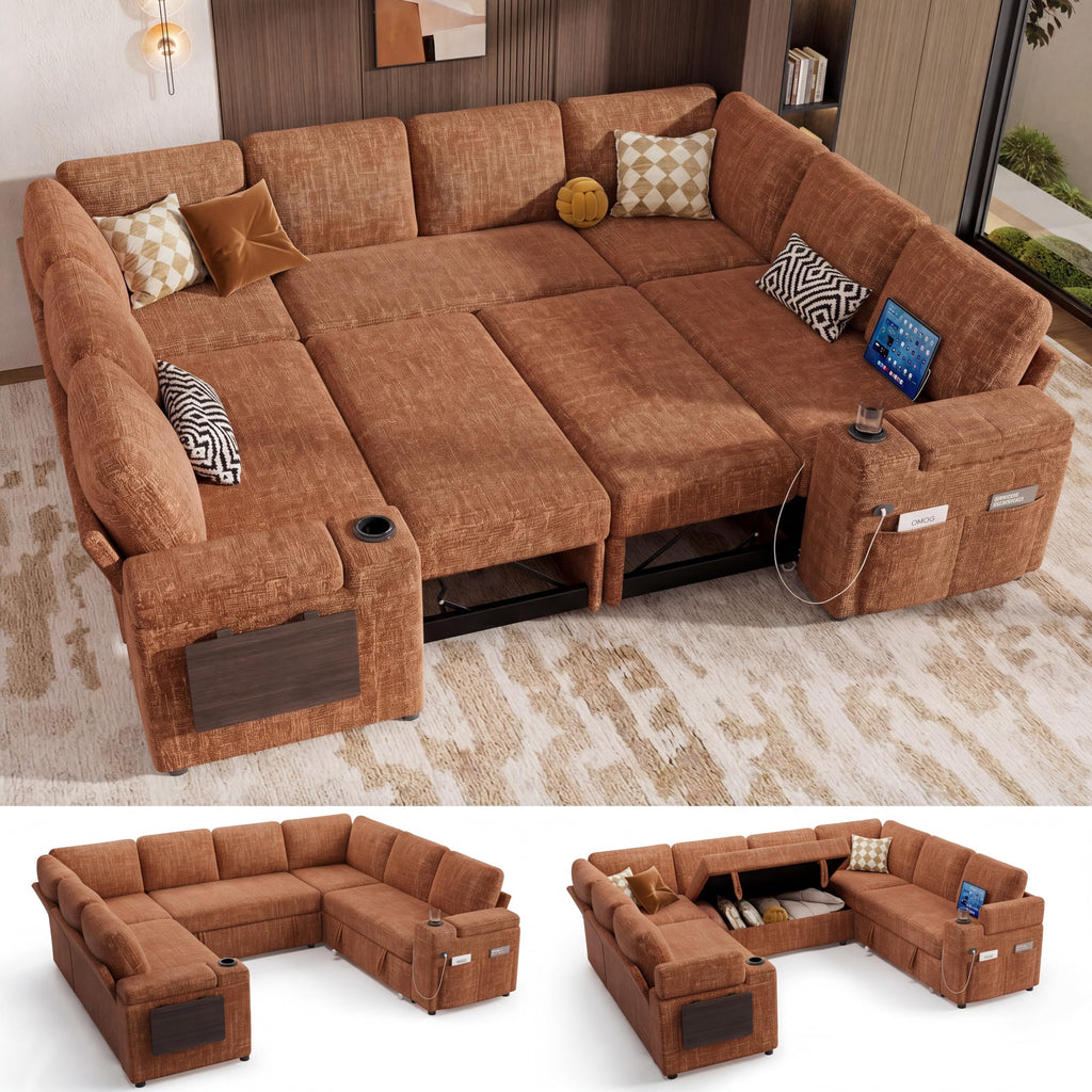 111" Modular Sectional Sleeper Sofa with Pull Out Bed, 8 Seat Chenille U Shaped Couch with USB Ports|Cup Holders|Side