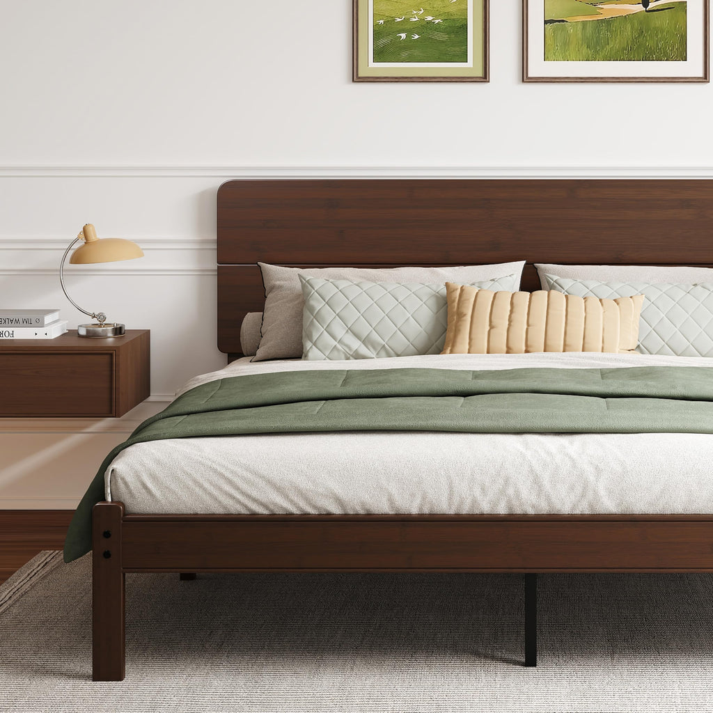 14" King Size Bamboo Wood Platform Bed Frame with Headboard, Walnut