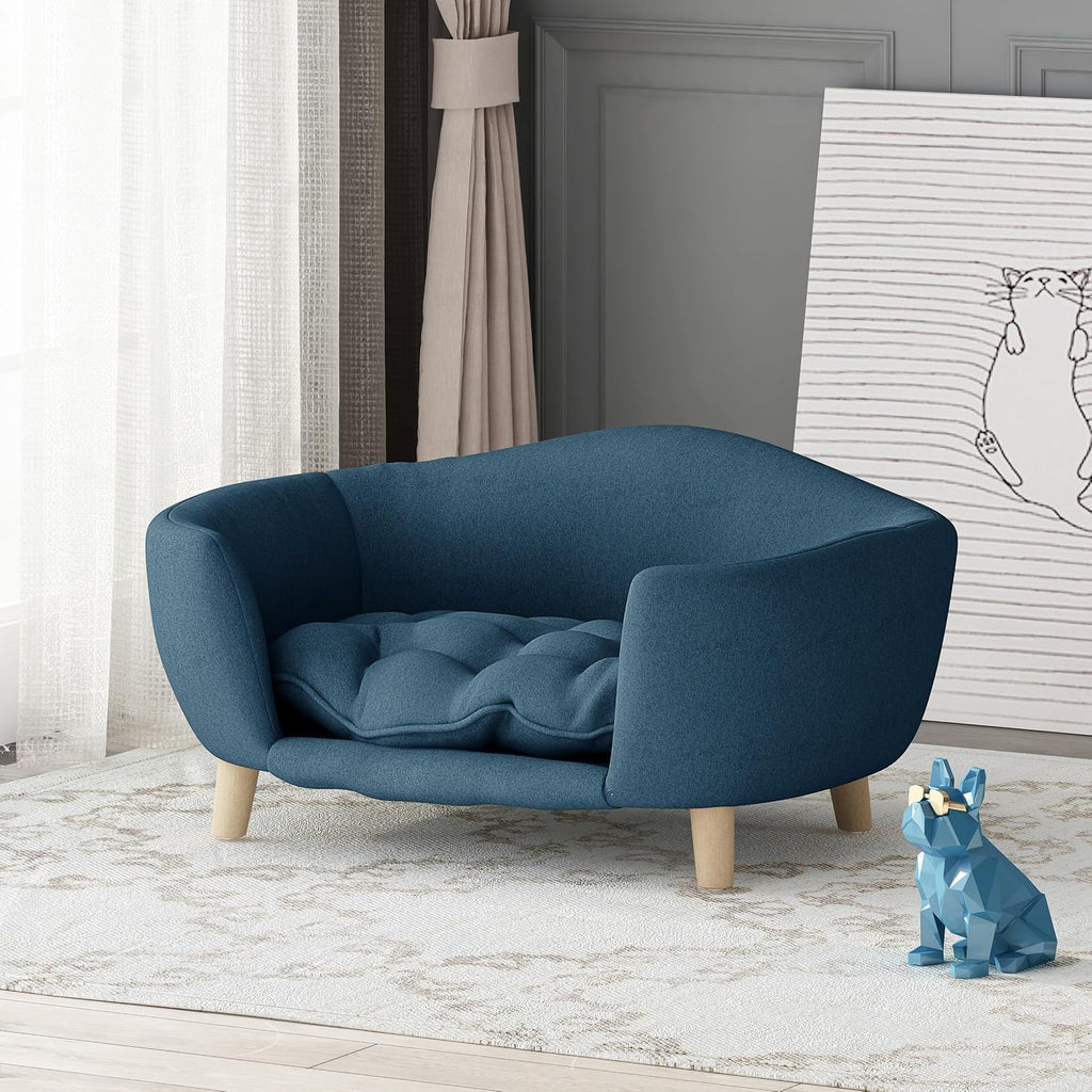 Mid-Century Modern Elevated Dog Bed with Plush Tufted Cushion, Orthopedic Raised Dog Sofa with Solid Birch Wood