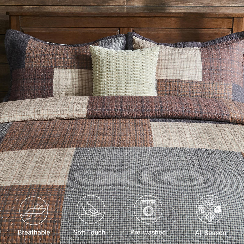 100% Cotton Quilt Set, Farmhouse Plaid Quilted Bedspread, Brown Lightweight Reversible Comforter Bedding