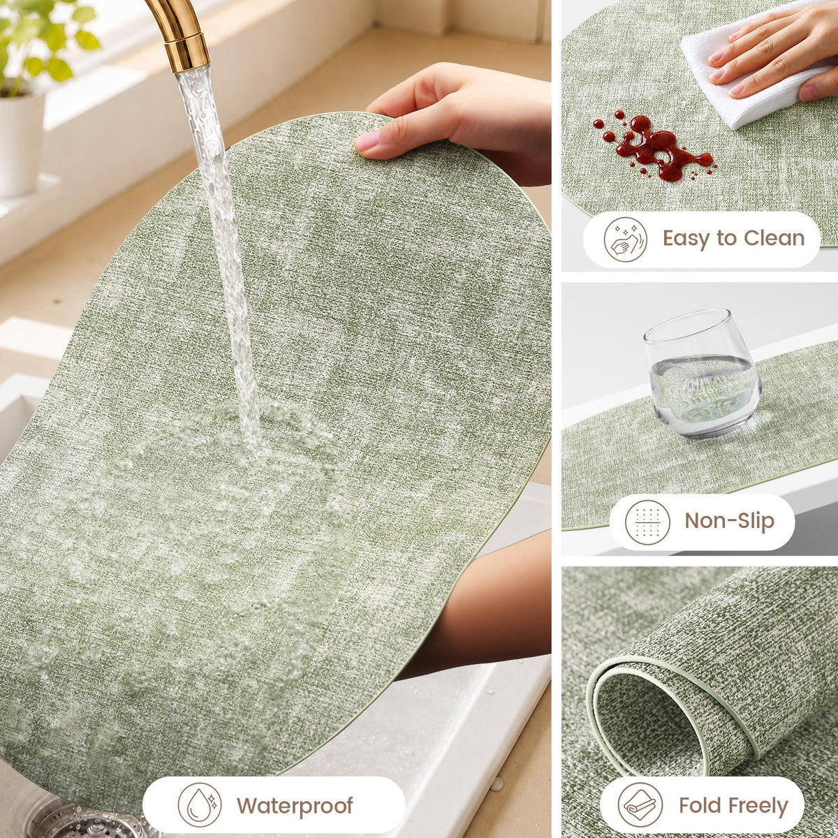 Oval Faux Leather Placemats Set of 6, Easy to Clean, Grass Green