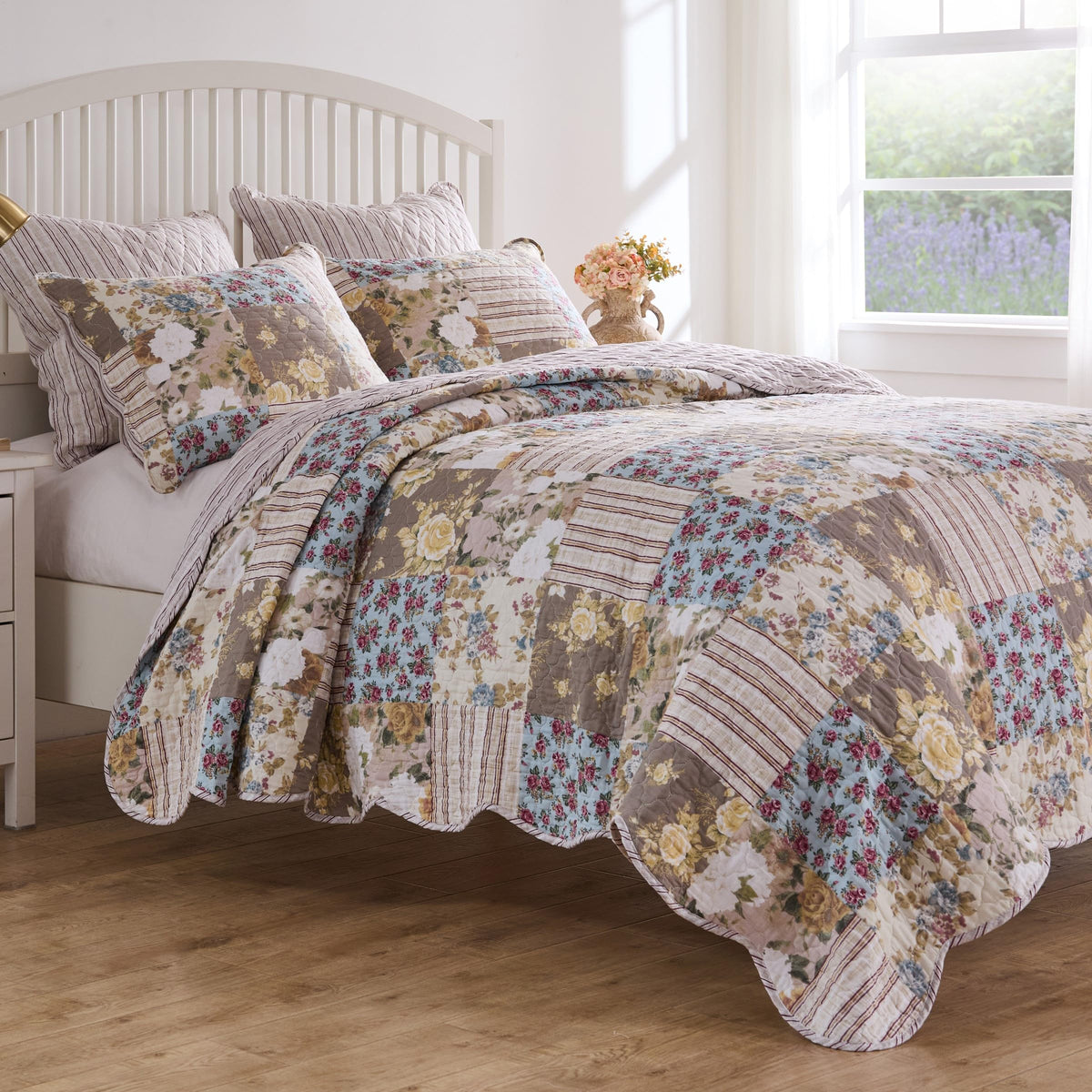 French Country Traditional Patchwork Style Cotton-Rich Quilt Set, 3-Piece, Multi