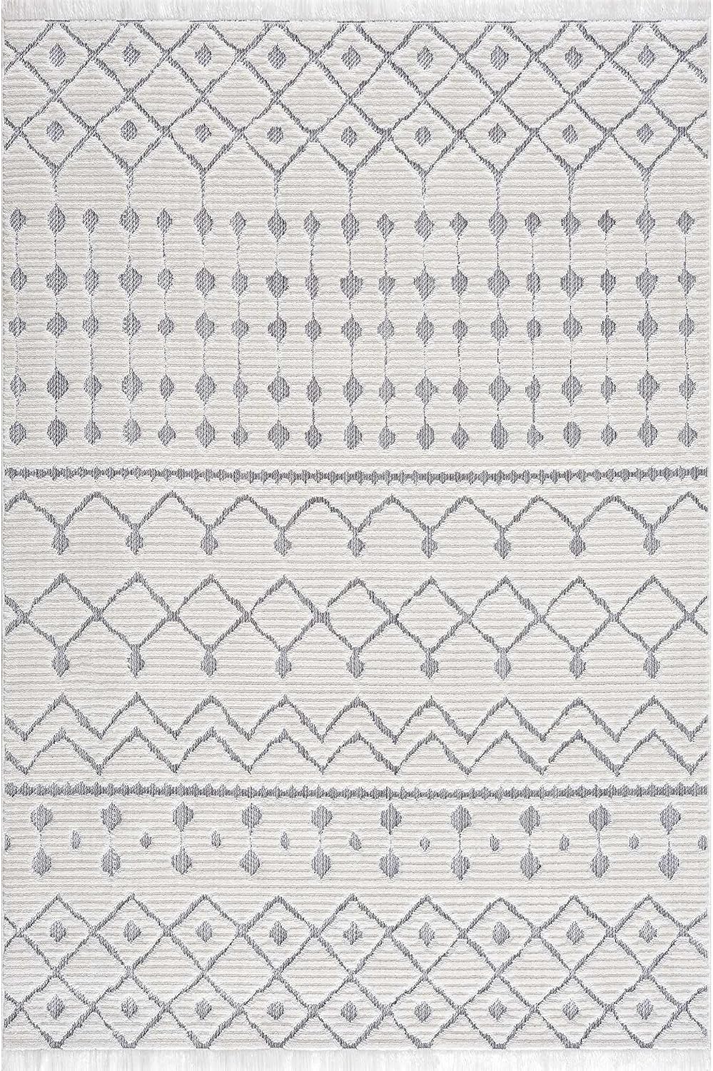 Trellisade Collection Living Room Area Rug - Moroccan Trellis Farmhouse - High Low Fringe Carpet - White, Cream, Gray