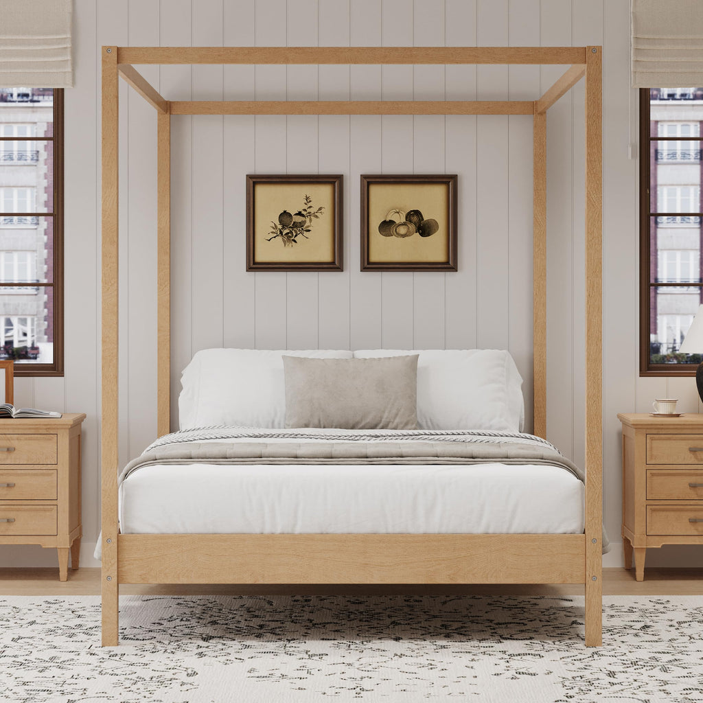 Wooden Canopy Bed with Four Posters, Canopy Bed Frame & 8.3" Storage Space Under Bed, Solid Wood Slats