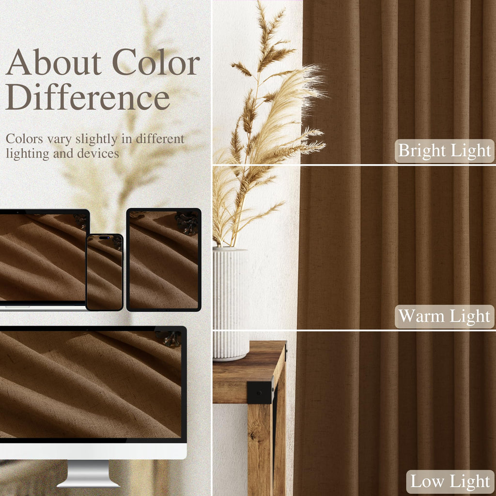 Tobacco Brown Linen Curtains 102 Inches Rod Pocket Back Tab Drapes 2 Panels Set Bedroom Light Filtering Semi Sheer