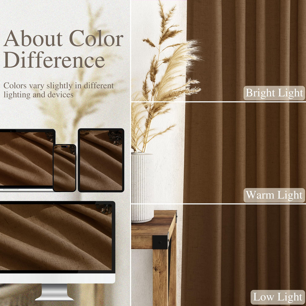 Tobacco Brown Linen Curtains 102 Inches Rod Pocket Back Tab Drapes 2 Panels Set Bedroom Light Filtering Semi Sheer