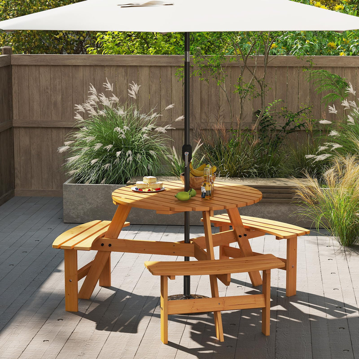 6-Person Round Picnic Table Set with 3 Benches, 550 LBS Bench Capacity, 2" Umbrella Hole, Circular Outdoor Wood