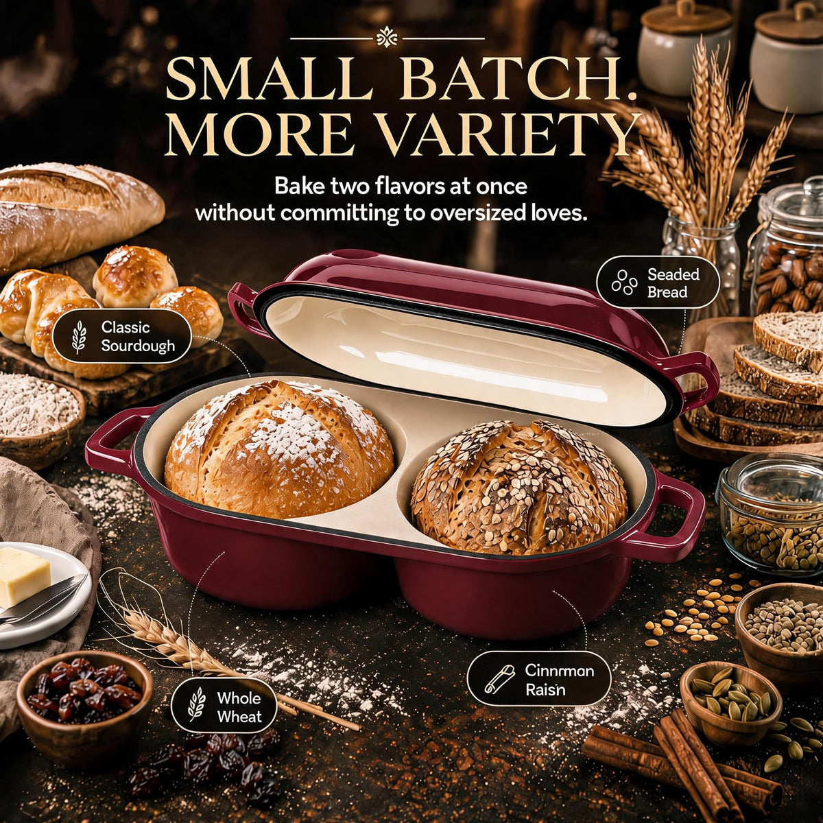 Mini Double Dutch Oven For Sourdough Bread Baking, 2.2QT Enameled Cast Iron