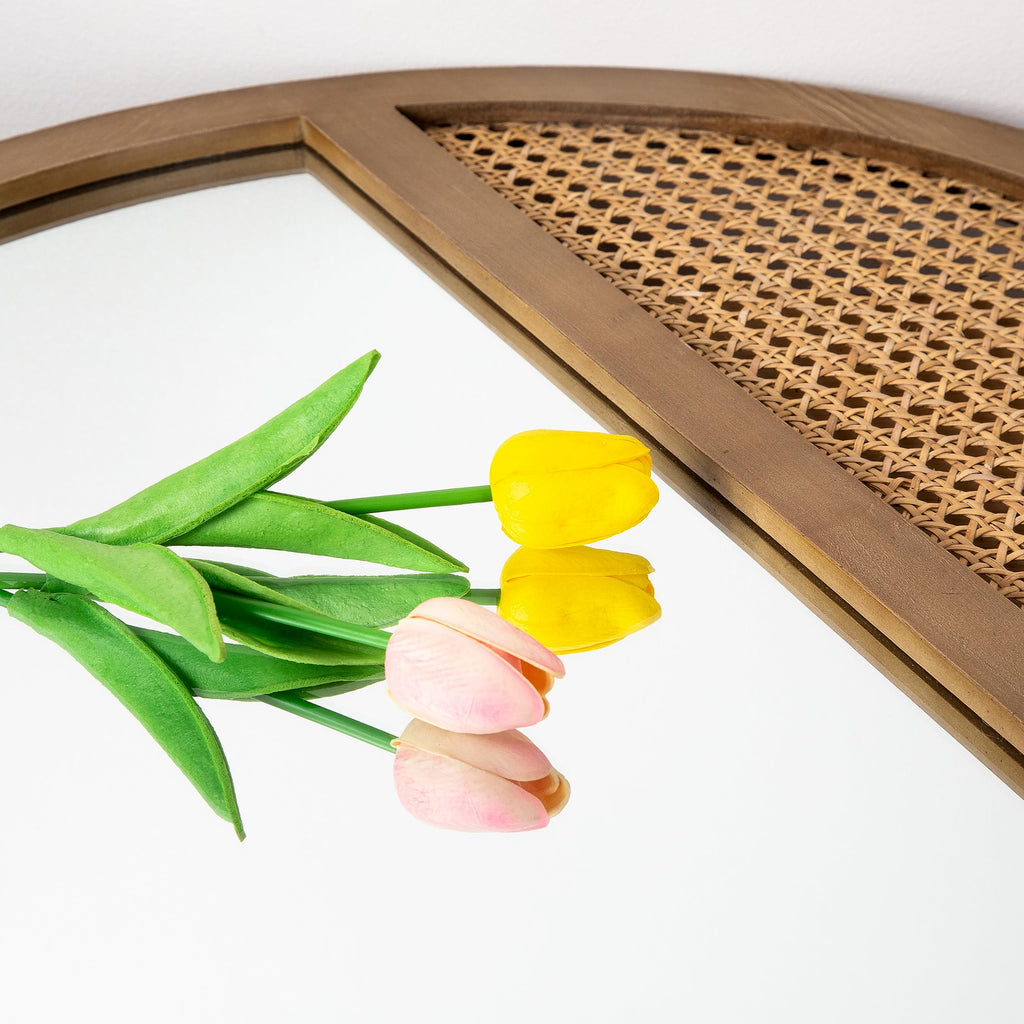 24" Rattan Round Mirror, Boho Hand-Woven Wooden Wall Mirror