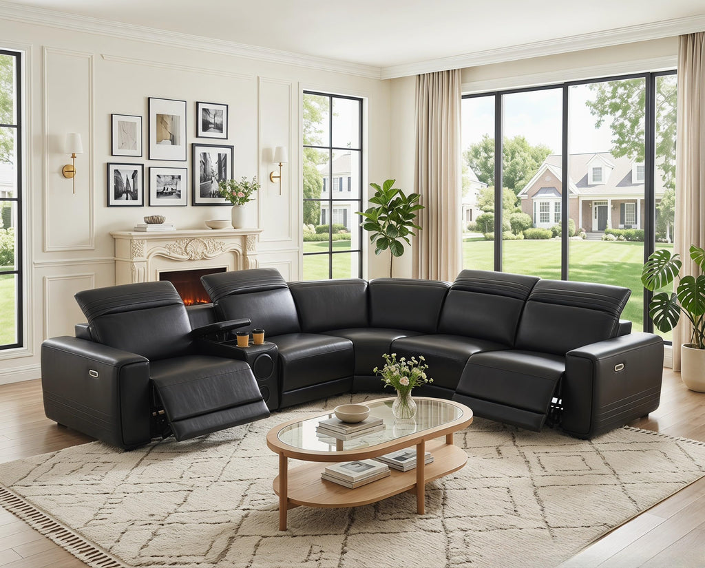Power Recliner Sectional Couch, Breathing Leather Living Room Furniture Set, Reclining Corner Sectional Sofa with