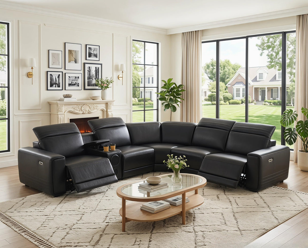 Power Recliner Sectional Couch, Breathing Leather Living Room Furniture Set, Reclining Corner Sectional Sofa with