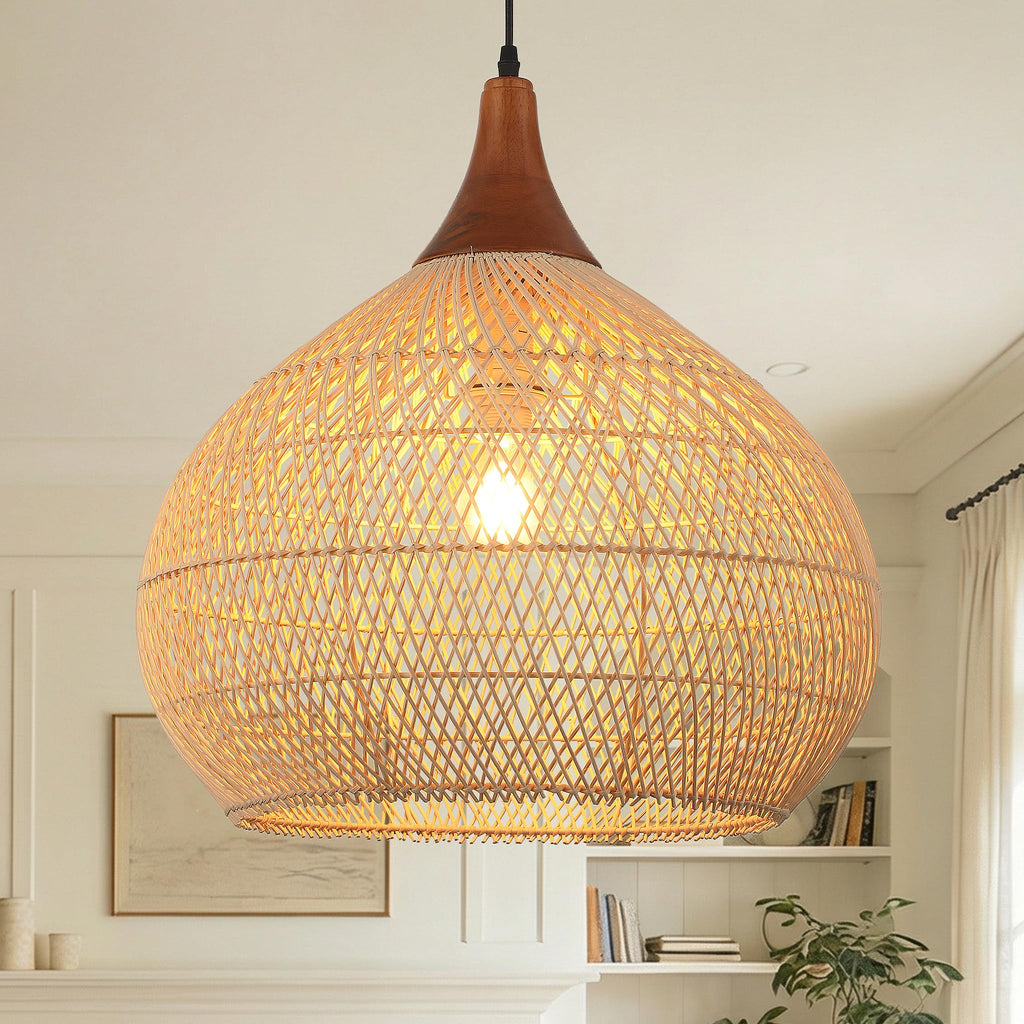 20" Large Rattan Pendant Light, Rattan Chandelier Hand-Woven Boho Pendant Light Fixtures with Solid Wood, Basket