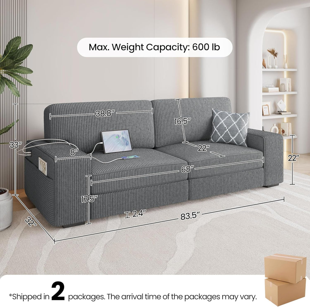 83.5" W Modern Sofa Couch Corduroy Fabric Sofa with Detachable Cover