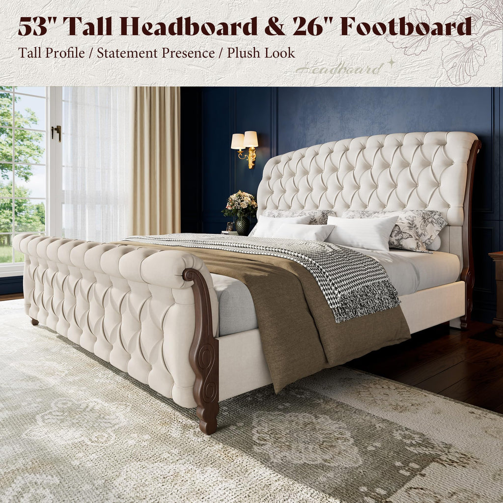 Sleigh Bed Frame, Upholstered Tufted Headboard, Cream
