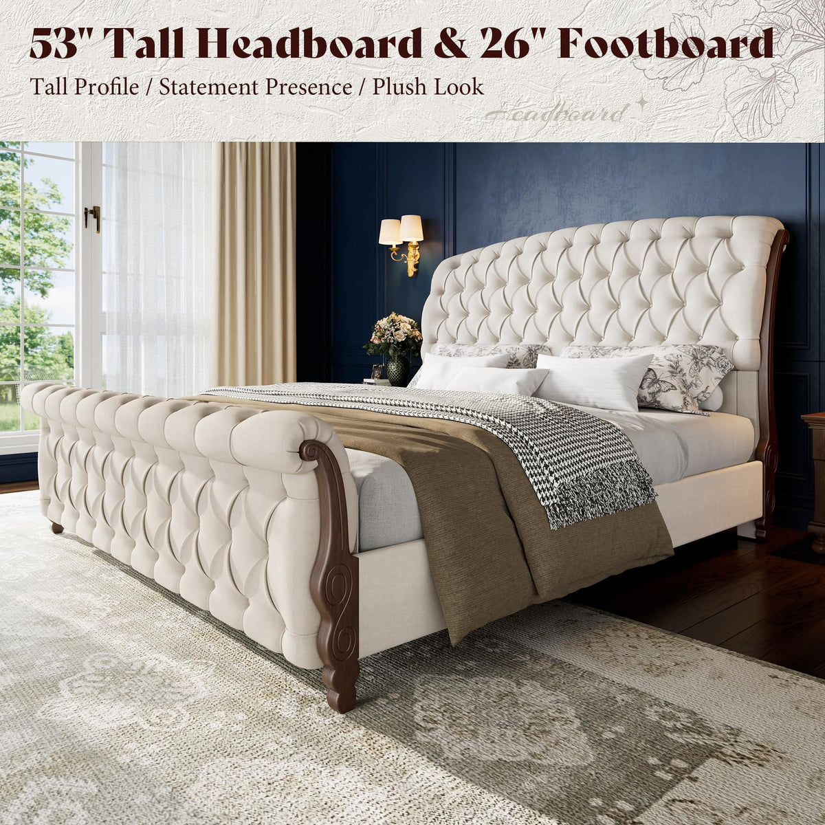 Sleigh Bed Frame, Upholstered Tufted Headboard, Cream