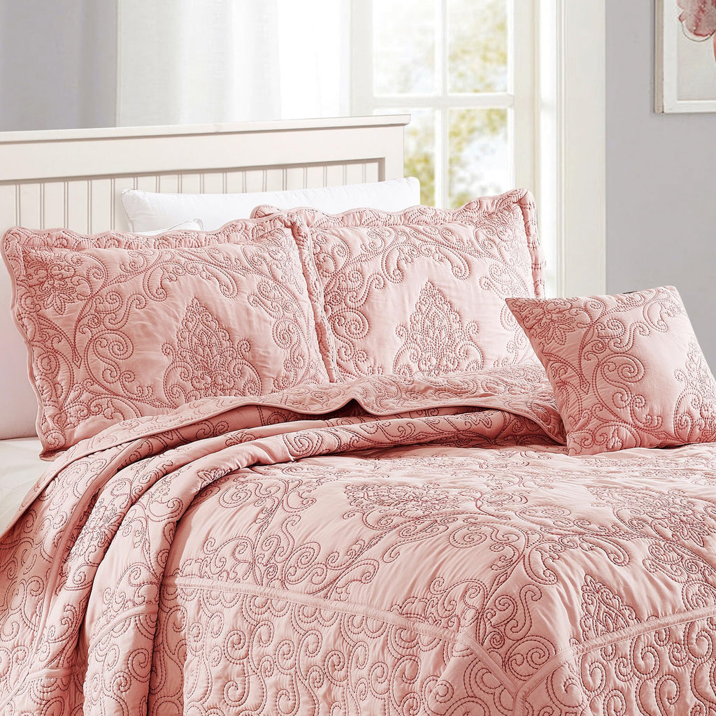 Damask 4 Piece Bedspread Set, Scalloped Edge Reversible Coverlet Comforter Prewashed Bedding Set, Matelasse Embossed