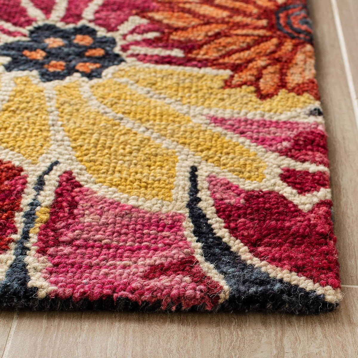 Aspen Collection Area Rug, Charcoal & Blue, Handmade Boho Floral Wool, Ideal for High Traffic Areas in