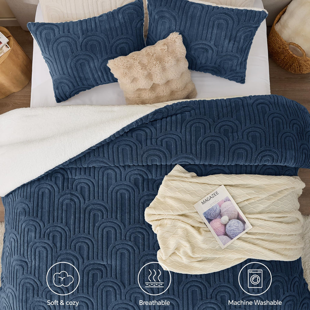 Arch Sherpa Comforter Set, Warm & Fluffy Bed Set, Navy