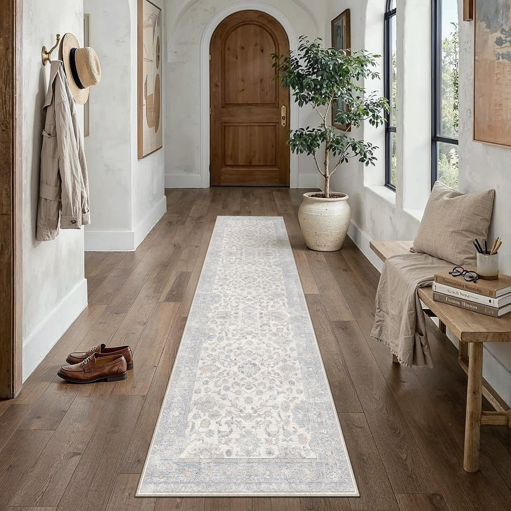 2x10 Blue Runner Rug Neutral Floral Carpet