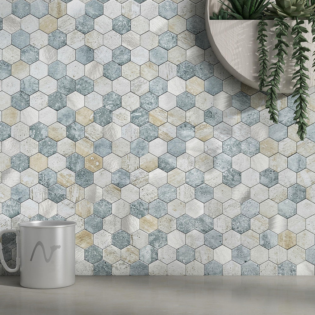 Peel and Stick Backsplash Hexagon Marble Tiles Blue Green 10pcs
