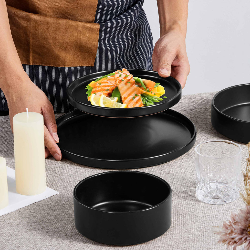 Dinnerware Sets with Pasta Bowls for 6, 24 Piece Dinner Salad Plates and Cereal Serving Bowls, Stoneware Dishes