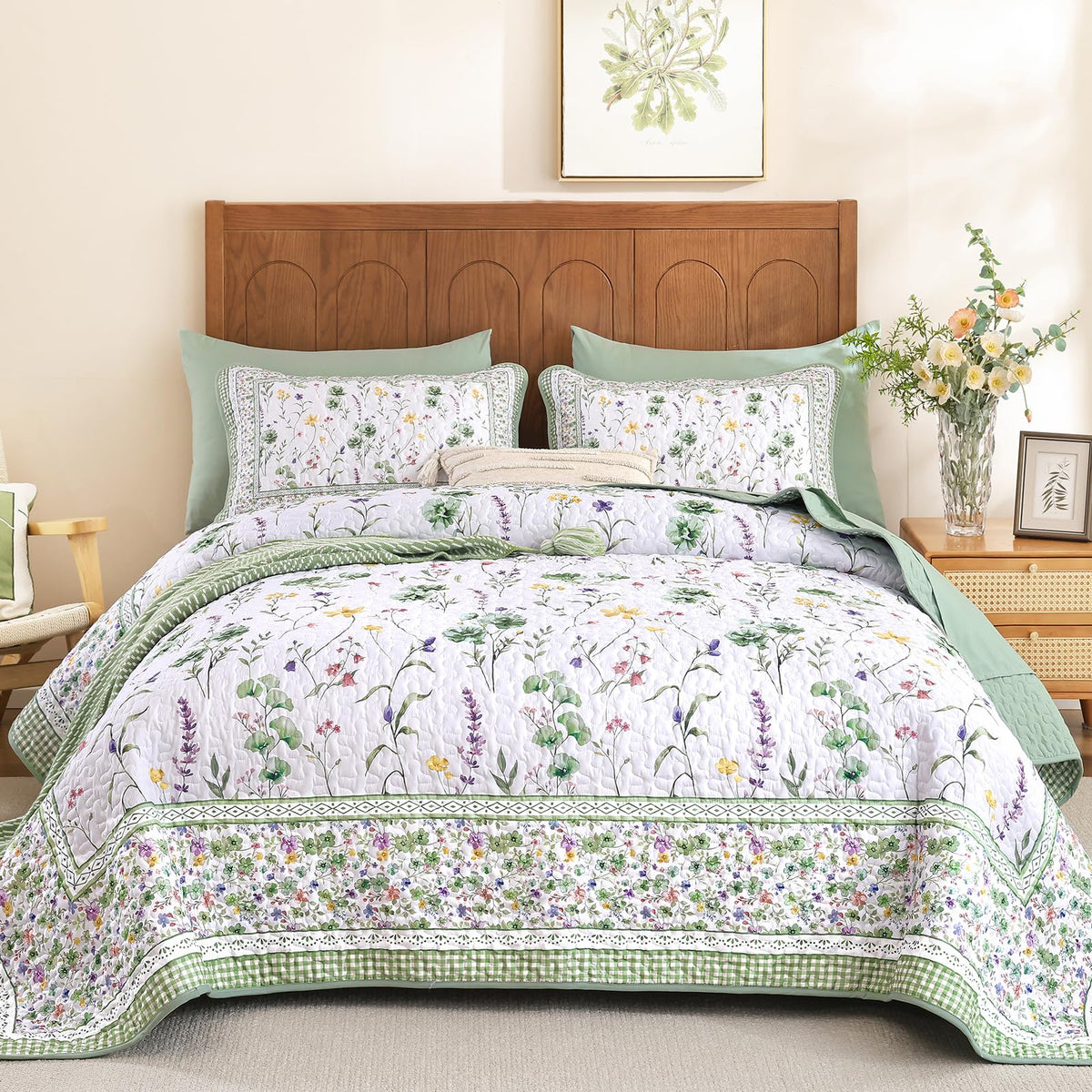 Floral Quilt Set, 3 Pcs Green Bedspreads Coverlet Set