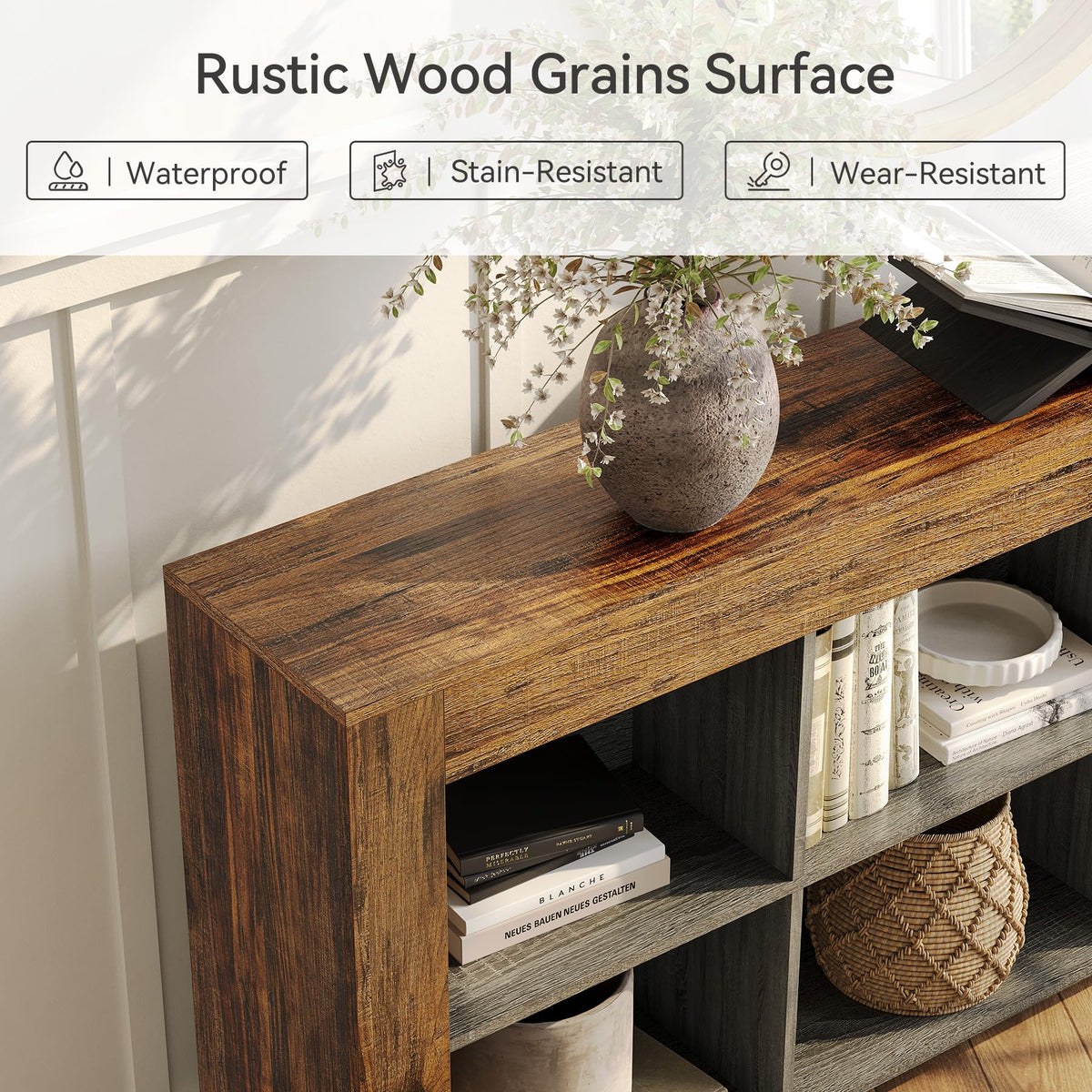 Console Table with Storage, 63-Inch Narrow Long Sofa Table, Entryway Table with 6 Cubes, Farmhouse Storage Shelves