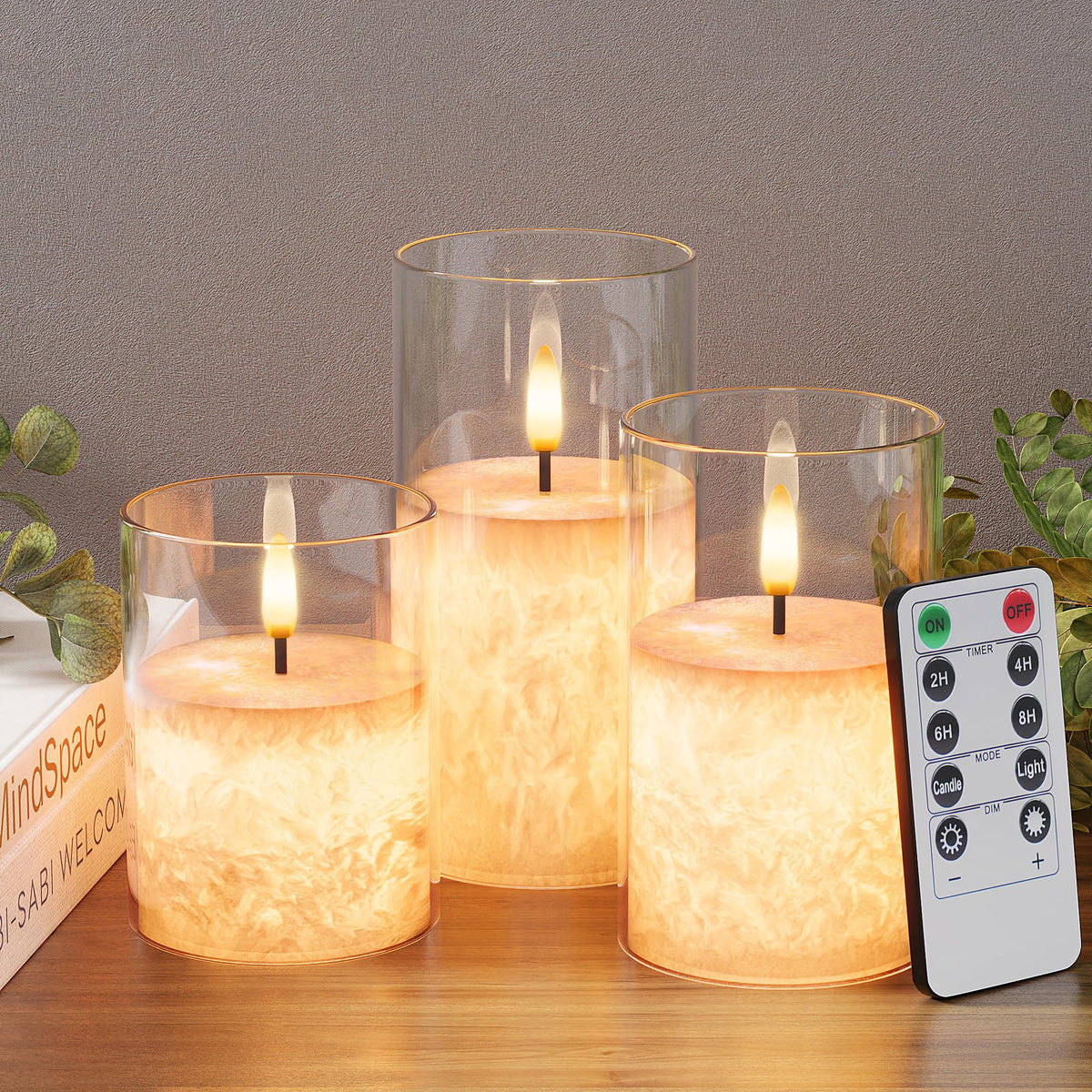 Ice Crystal Real Wax Glass Flameless Candles with Remote & Timer, Battery Operated Candles with Warm Flickering
