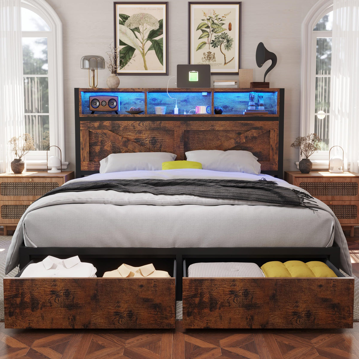Farmhouse Bed Frame with Storage Bookcase Headboard & Drawers, Brown