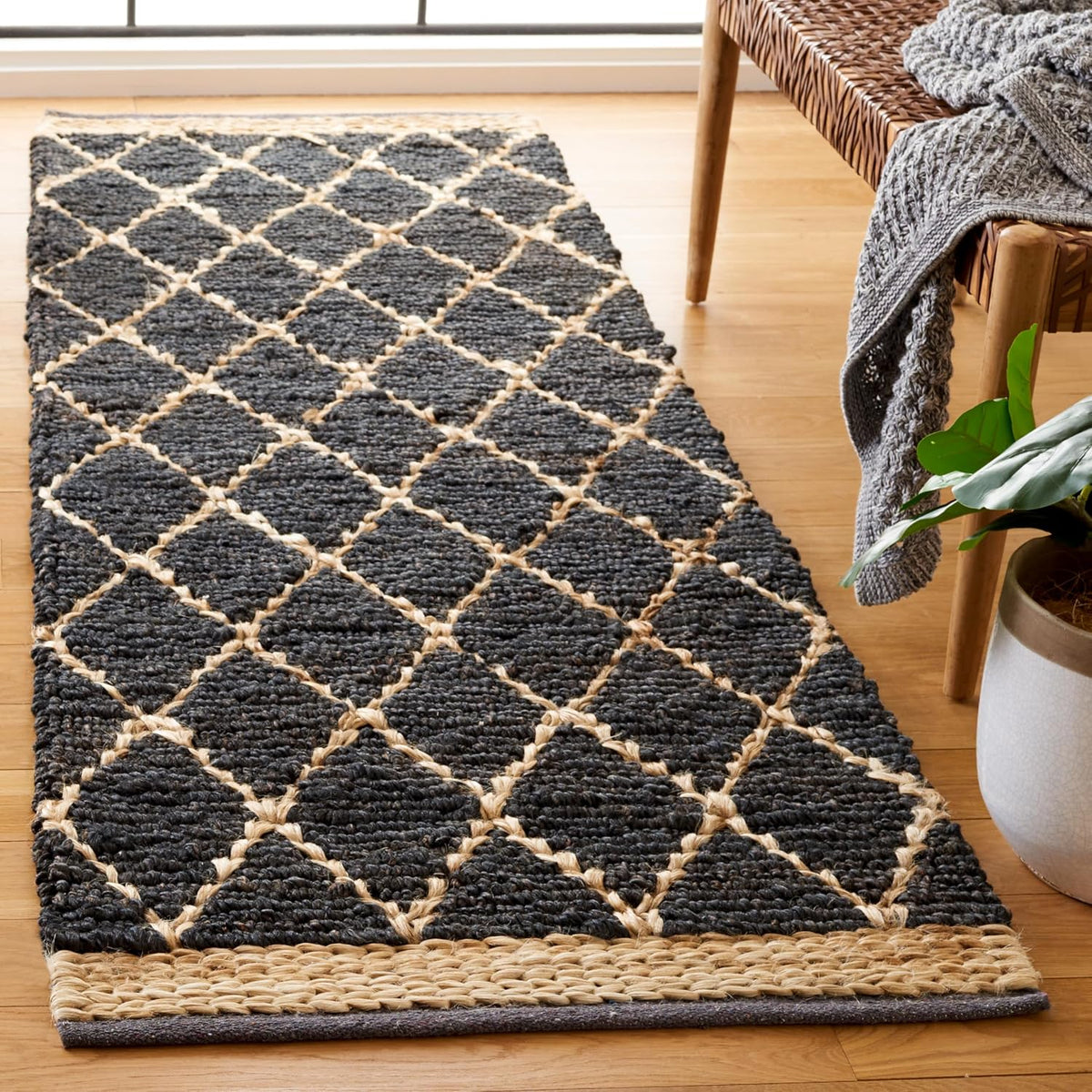 Natural Fiber Collection Runner Rug - 2'6" x 8', Charcoal, Handmade Boho Moroccan Trellis Jute, Ideal for High