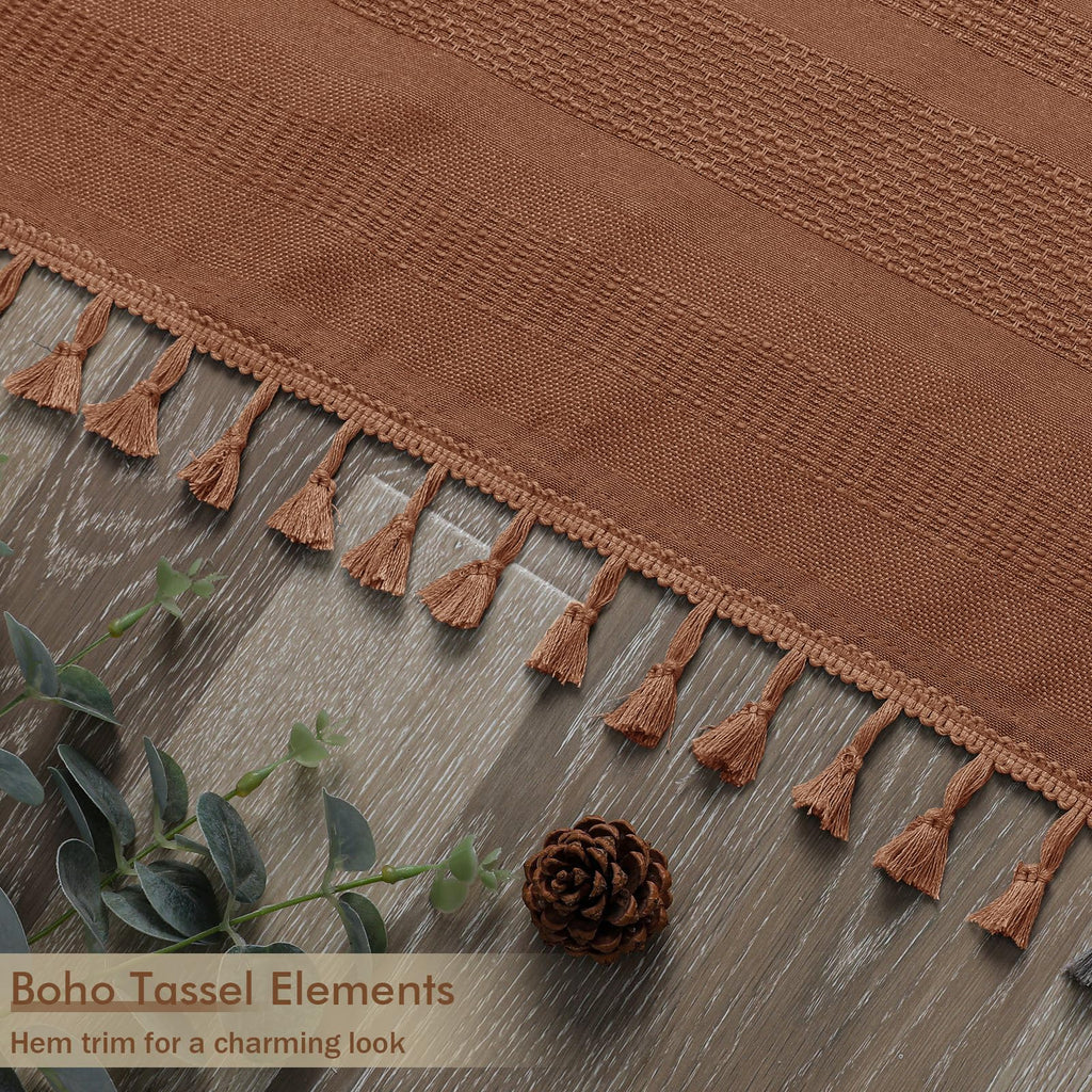Terracotta - Farmhouse Linen Textured with Tassel, Rustic Striped Heavy Duty Vintage Country Bathroom Curtain