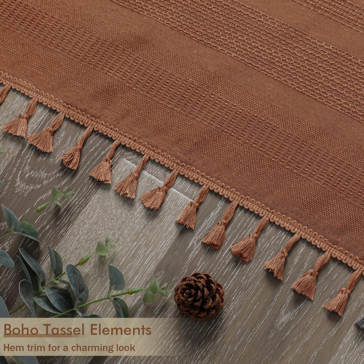 Terracotta - Farmhouse Linen Textured with Tassel, Rustic Striped Heavy Duty Vintage Country Bathroom Curtain