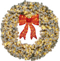 48-Inch Pre-Lit Flocked Artificial Christmas Wreath with Red Bow & Warm White LED Lights - Weather-Resistant PVC