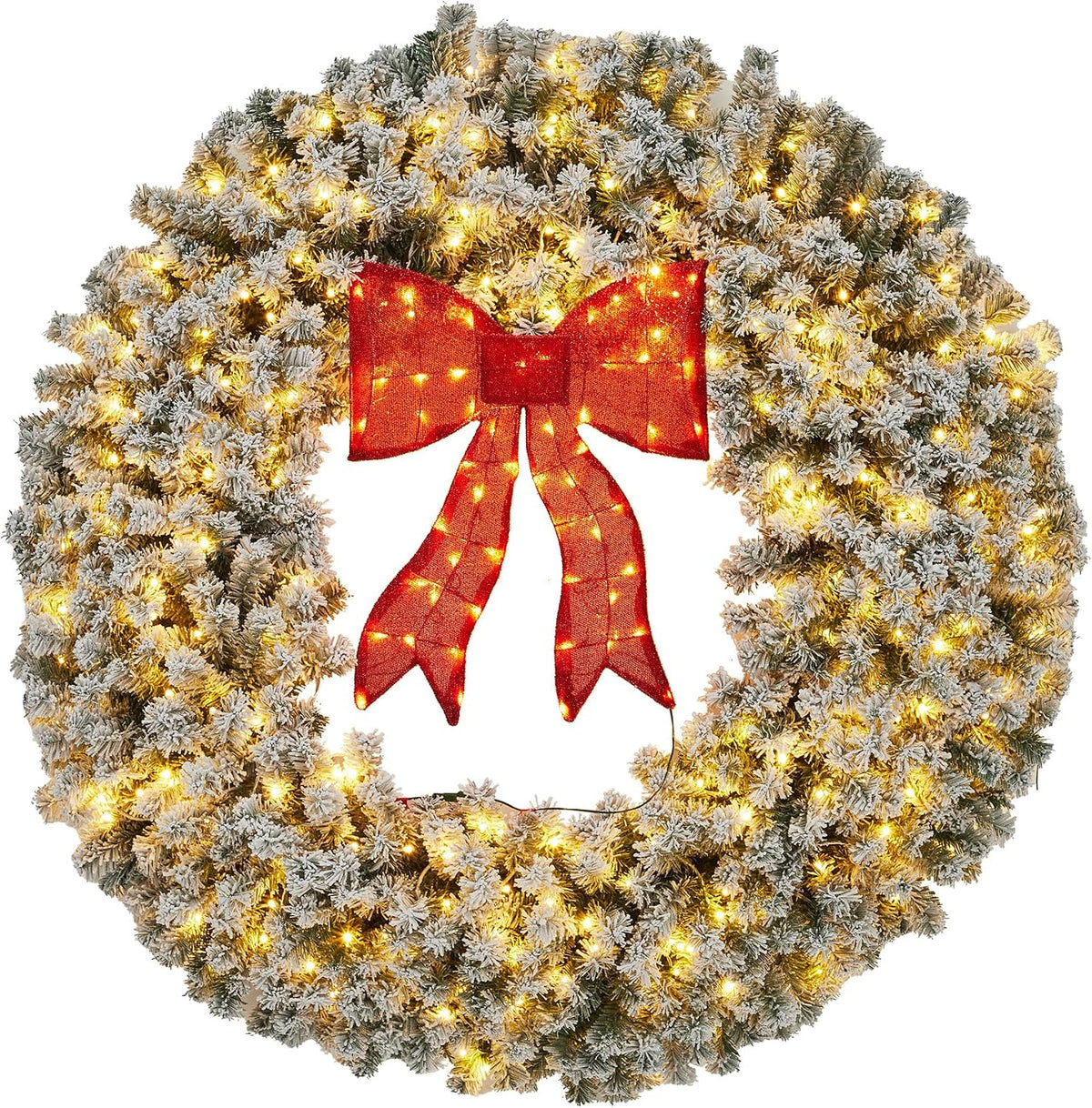48-Inch Pre-Lit Flocked Artificial Christmas Wreath with Red Bow & Warm White LED Lights - Weather-Resistant PVC
