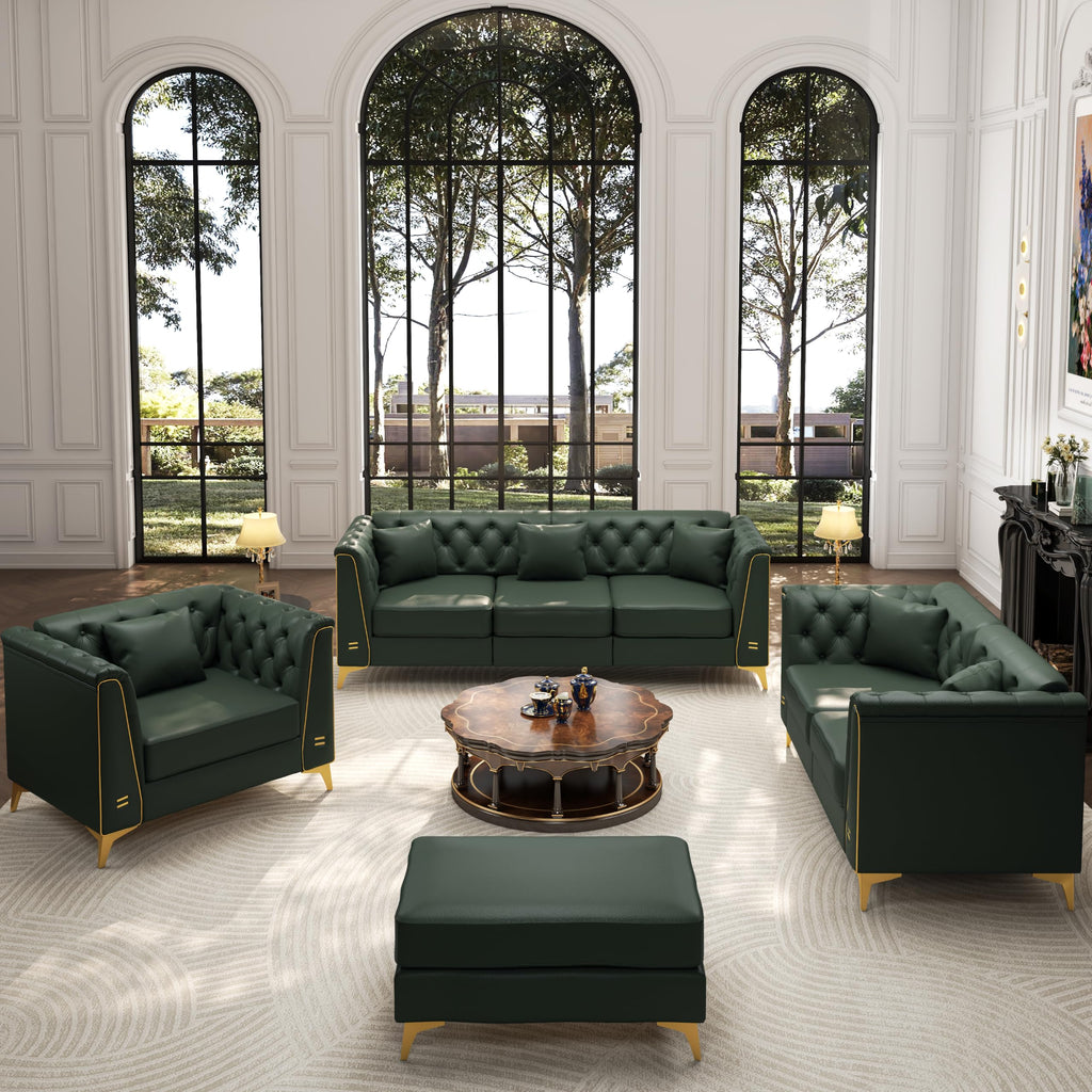Faux Leather Sofas, 3-Piece Couch Set with Ottoman, Green