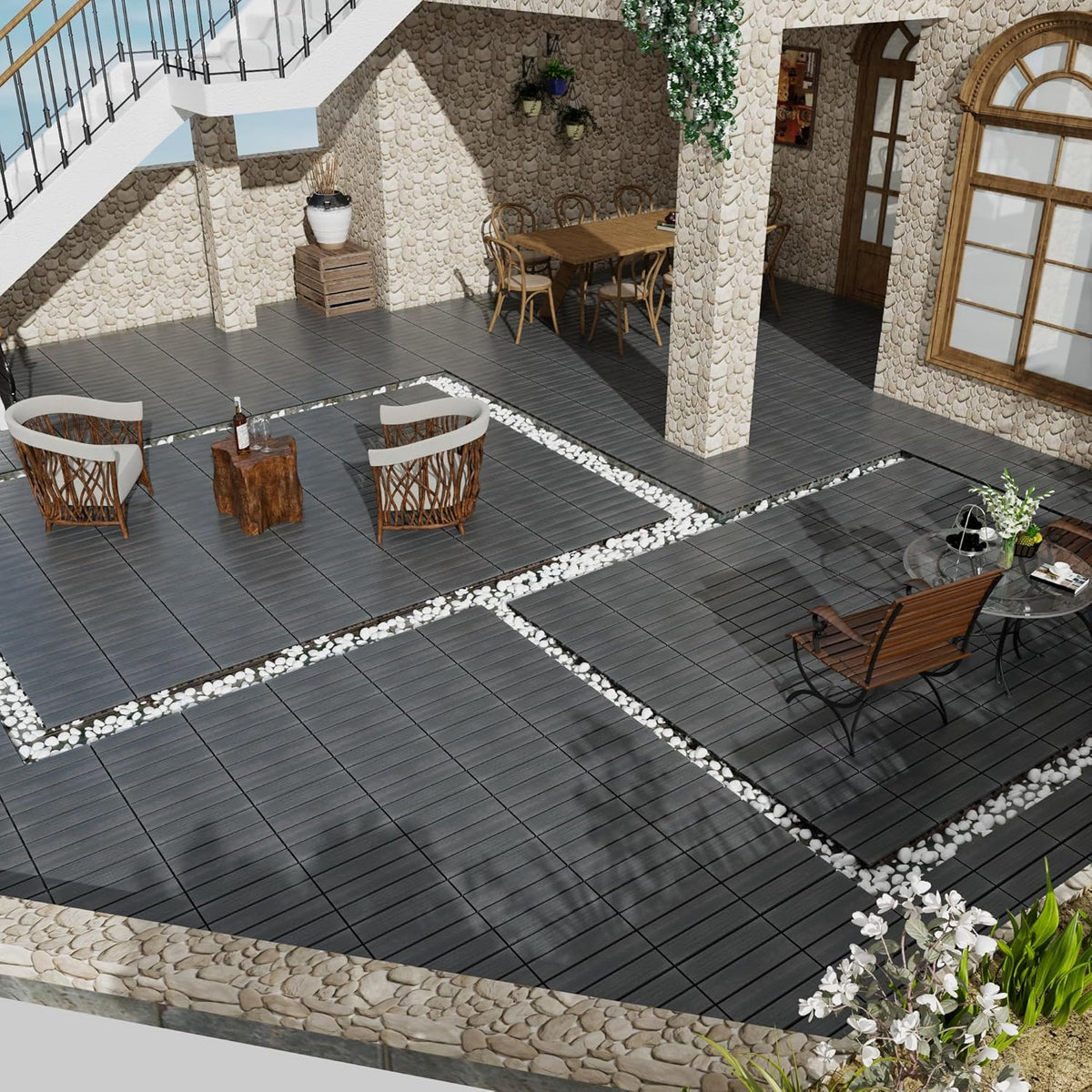 Wood Plastic Composite Interlocking Patio Deck Tiles, 22 Pack 12"x12" Premium Waterproof Porch Decking Tiles, All